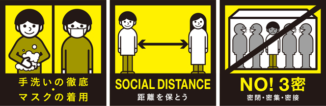 手洗いの徹底・マスクの着用、SOCIAL DISTANCE 距離を保とう、NO! 3密 密閉・密集・密接を避けよう