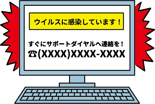 パソコンがウイルスに感染したと、不安をあおる警告が表示されているイラスト