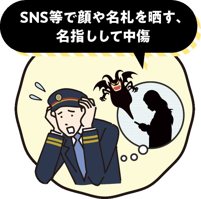 SNS等で顔や名札を晒す、名指しして中傷するイメージ画像
