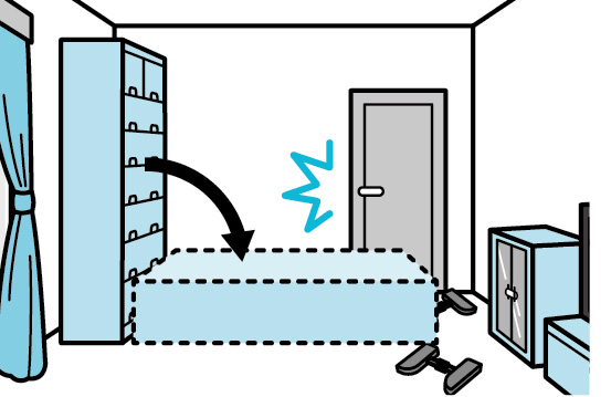 タンスが倒れた場合、ドアをふさいでしまう例